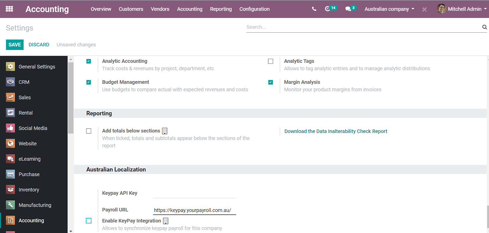 Flectra Accounting settings includes a section for the Australian Loclization